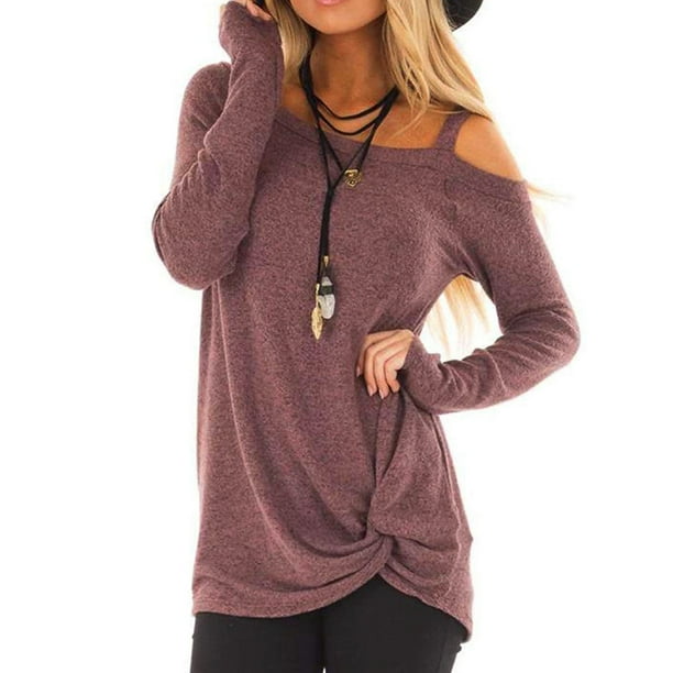 Womens Casual Soft Long Sleeves O Neck Knot Side Twists Blouse Top T-Shirt